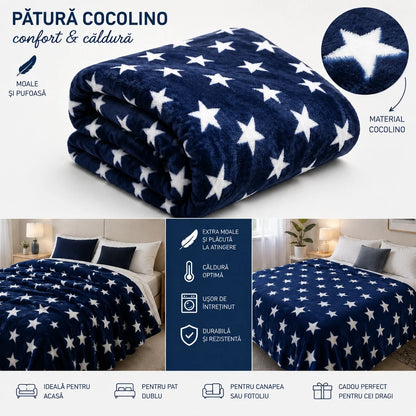 Patura Cocolino Pufoasa cu Model Dungi si Stelute, 200x220 cm, Albastru si Crem