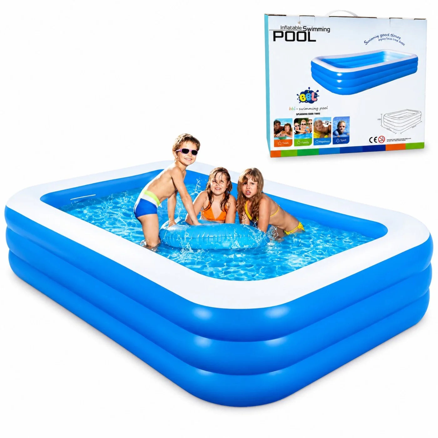 Piscina Gonflabila 305x172x54 cm, Dreptunghiulară cu 3 Inele pentru Copii, din PVC Rezistent