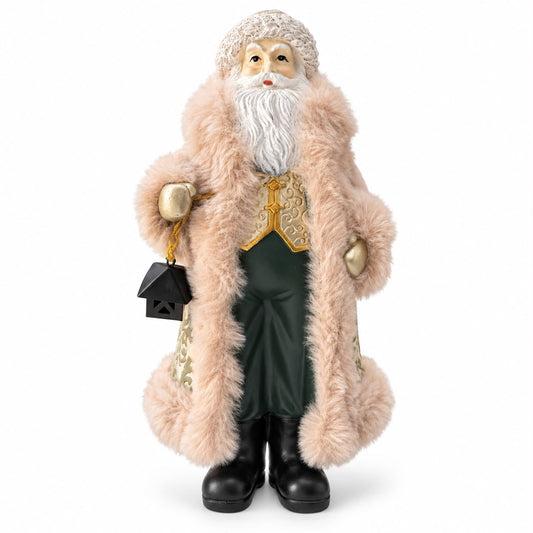 Figurină Moș Crăciun cu Felinar – Verde și Roz Pudrat 30 cm