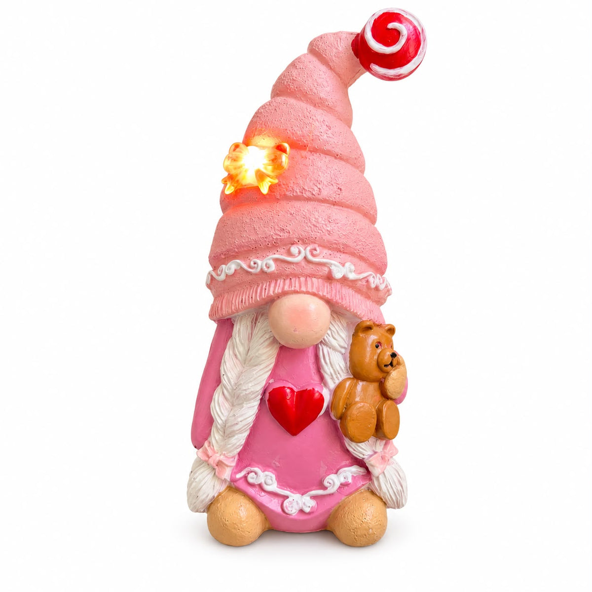 Figurină decorativă luminoasă – Spiriduș roz cu ursuleț 21,8 cm