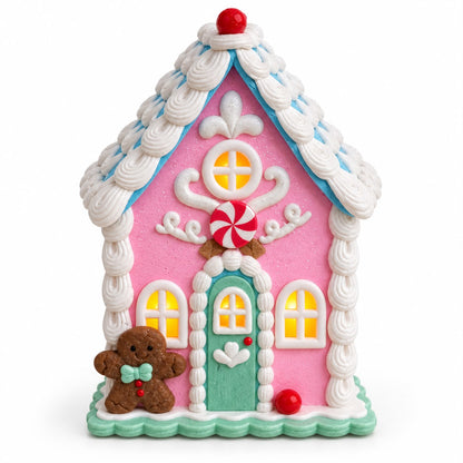 Căsuță Luminoasă de Crăciun Roz cu Omuleț din Turtă Dulce 12x12x18 cm