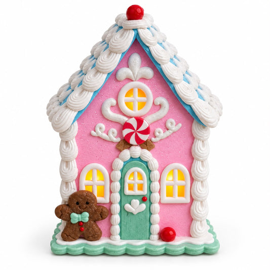 Căsuță Luminoasă de Crăciun Roz cu Omuleț din Turtă Dulce 12x12x18 cm